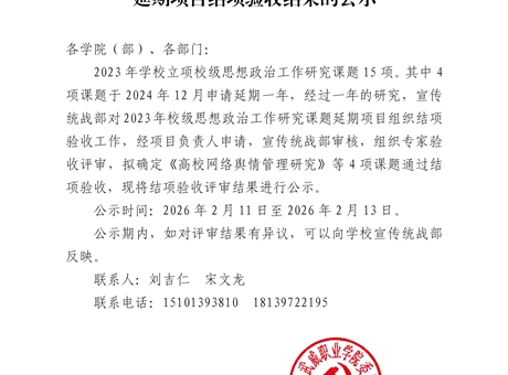 關(guān)于學(xué)校2023年度思想政治工作研究課題延期項目結(jié)項驗收結(jié)果的公示